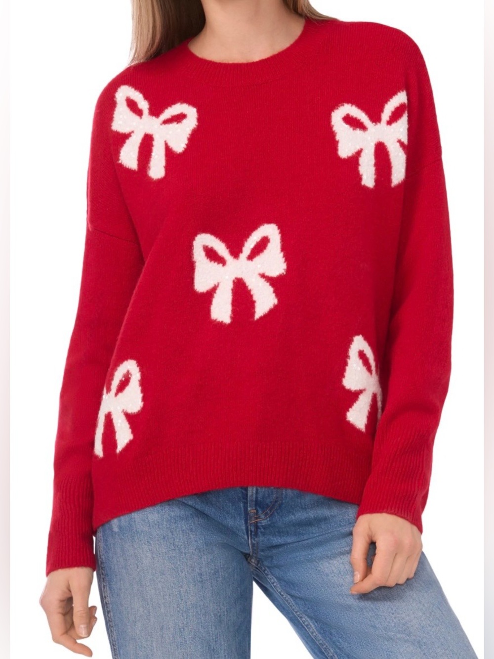 CeCe Red Crewneck Holiday Bow Sweater